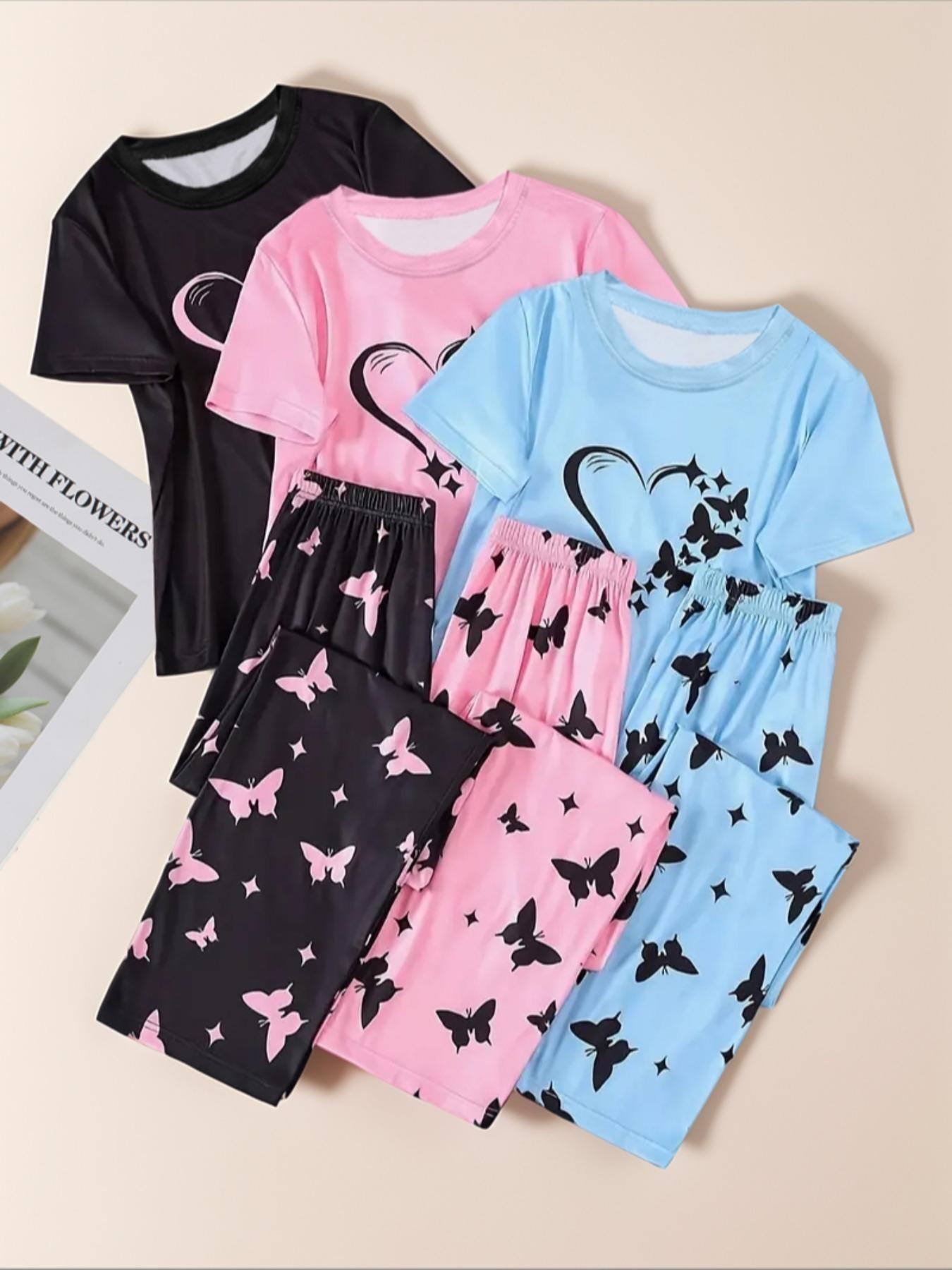 6 Counts Women's Heart & Butterfly Print Pyjama Set, Short Sleeve Tee & Elastic Waist Pants Loungewear Set, Women Cute Nightwear, PJ Sets for Women, Summer Outfits 2024, Pajama Set