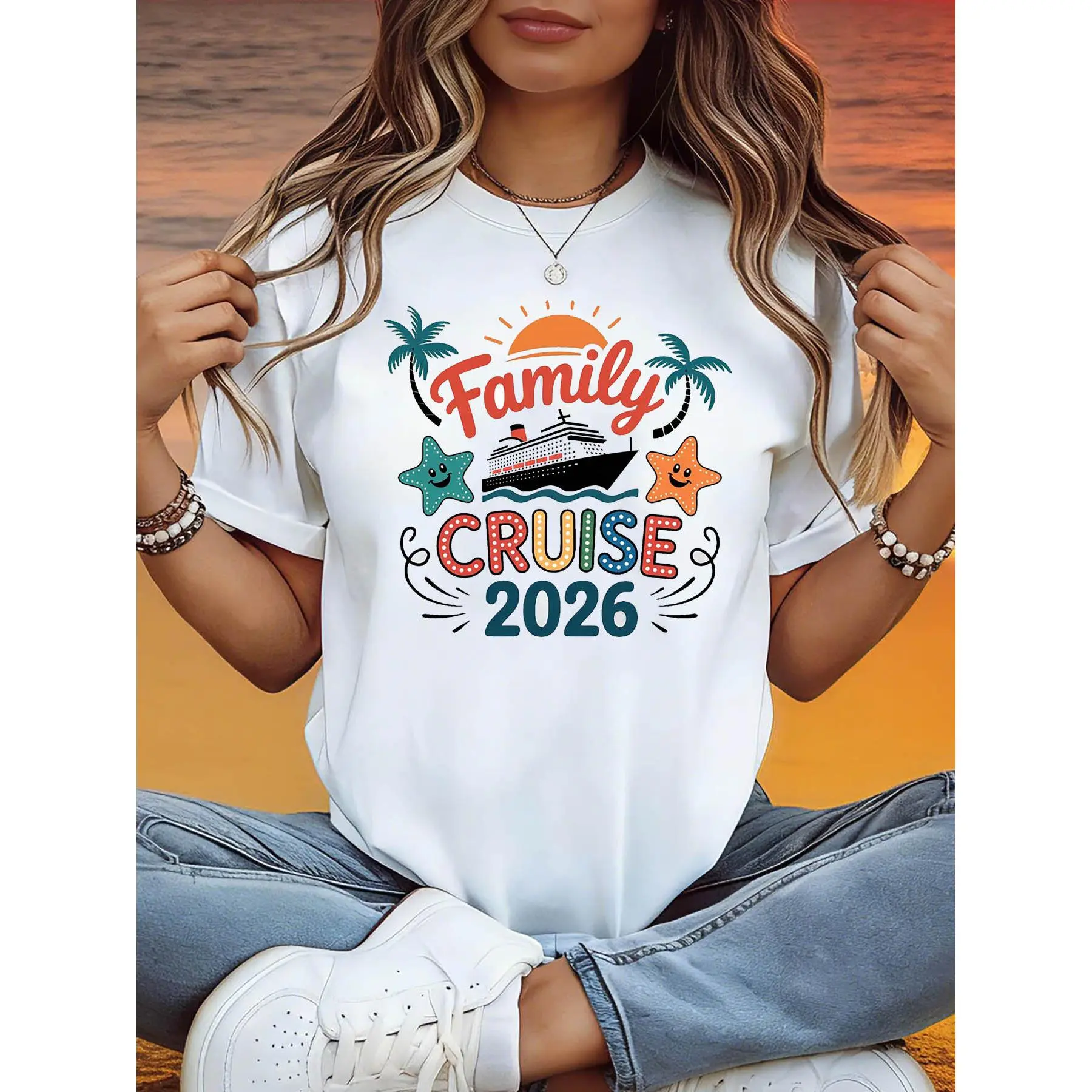 Women'S 2026 Family Cruise Theme T-Shirt - Cruise Ship Starfish Palm Tree Slogan Decor Casual Short Sleeve, Colorful Orange-Blue Warm Vacation Family Cruise Travel Top