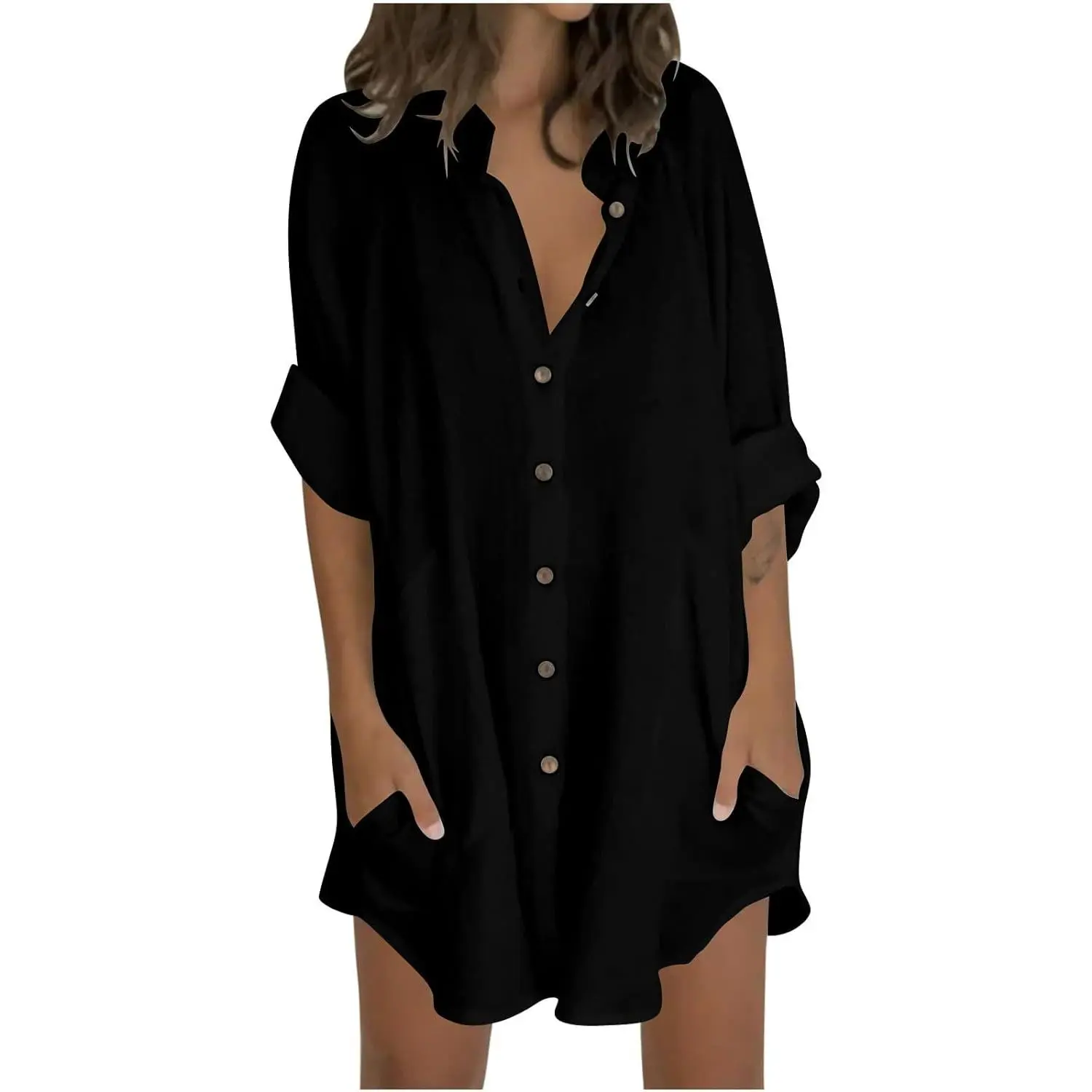 Women's Cotton Linen Blend Blouse - Long Sleeve, Button-Down, Loose Oversized Fit, With Pockets, Breathable Casual Extended Size Top, Cotton Linen Blouses & Shirts, Cotton Linen Blend Blouses & Shirts, Extended Size Blouses & Shirts