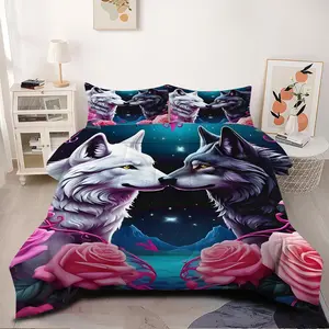Dreamy Couple'S Wolf 2/3pcs Comforter Set.White-Haired Wolves with Dark Gray Fur and Purple Tones Creating an Intimate and Mysterious Ethereal Bedding Set,Decorated With Starry Sky Animals,Perfect ,Including 1 or 2 Pillow Cases (No Pillow Insert).