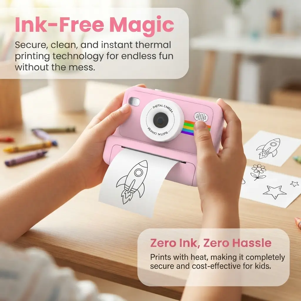 Portable Instant Print Selfie Camera, Built-In Printing Function, USB & Lanyard Included for Travel Shots