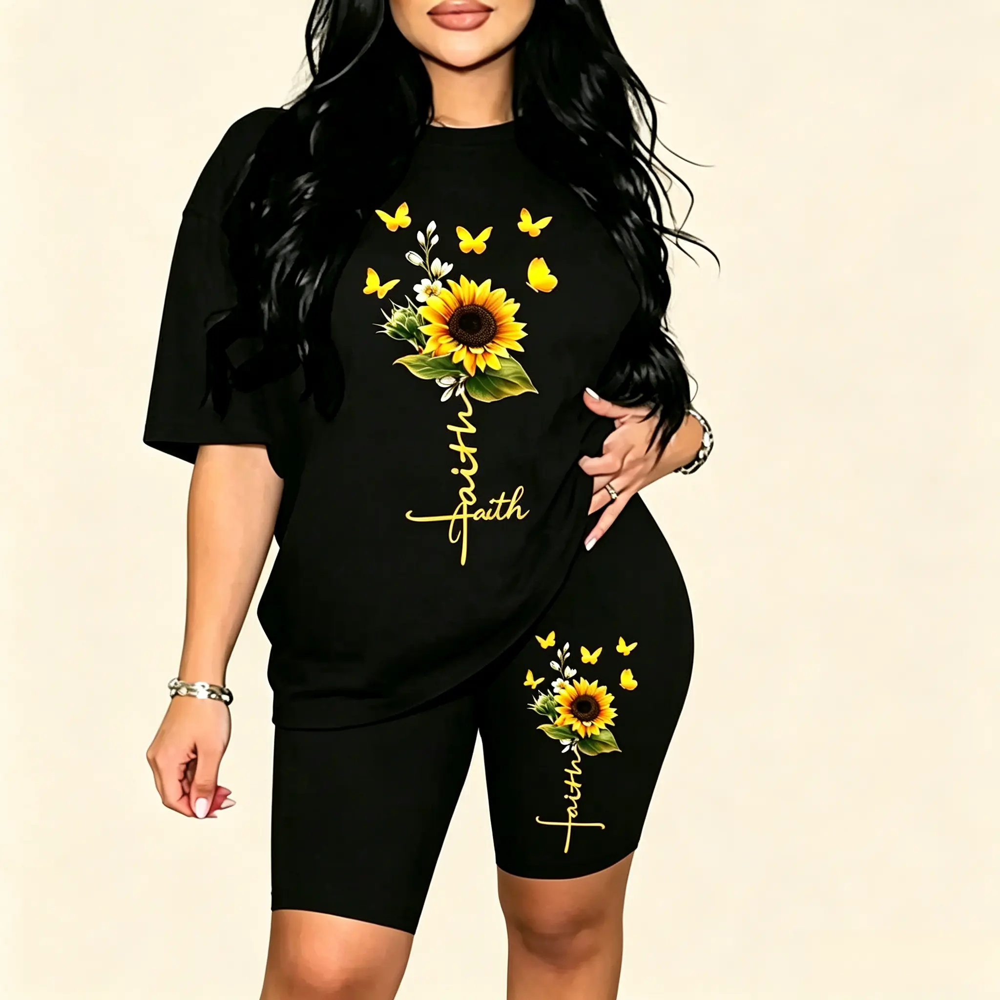 Faith Sunflower Butterfly Cross Front Print Casual Graphic T-Shirt, Faith Letter Sunflower Butterfly Religious Inspirational Oversized Women Top, soft everyday fit, multi-scene weekend apparel. Affordable little surprise gift for christian believers, flor