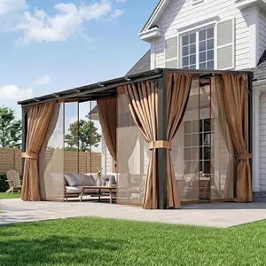 Aoxun 10'x12' Lean to Gazebo with Mosquito Net and Curtains, Aluminum Frame, Polycarbonate Panel, Wall Mounted Pergola with Sloped Roof for Backyard, Porch, Deck