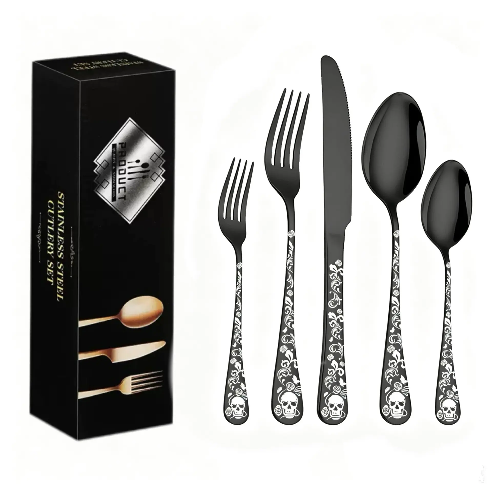 20-Piece Skull Floral Stainless Steel Cutlery Set, Gothic Fork Spoon Knife Set with Gift Box, Ideal for Halloween Party, Home Kitchen, Daily Use, Sturdy Flatware Set