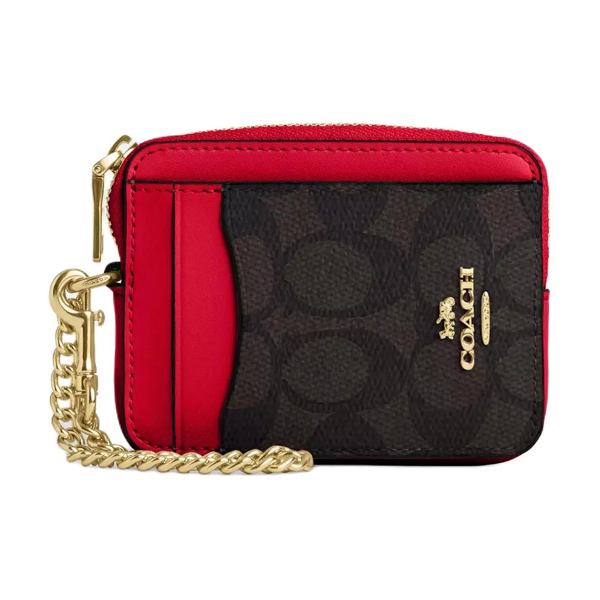 COACH Zip Card Case for Women – Walnut and Bold Red Leather with Logo Metal Zip