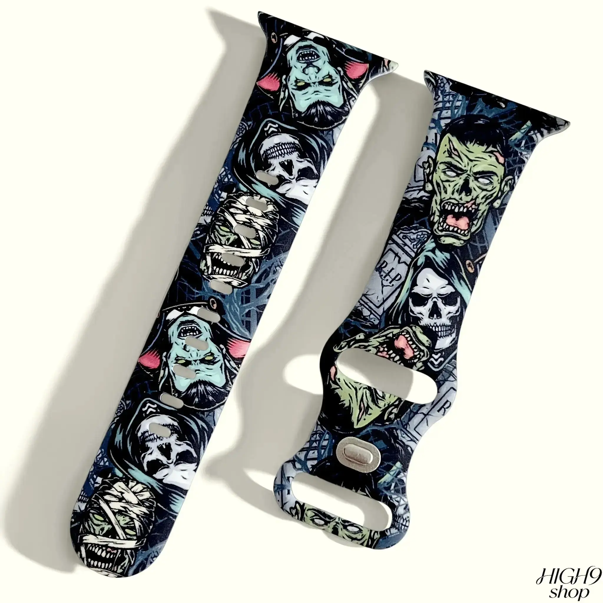Halloween Zombie Skull Printed Sweat-Res Silicone Single Strap for iWatch Series S1-S10, Cool Horror Pattern Replacement Band with Secure Fit, Fits 38/40/41/42/44/45/46/49mm, Spooky Wristband (Band Only)