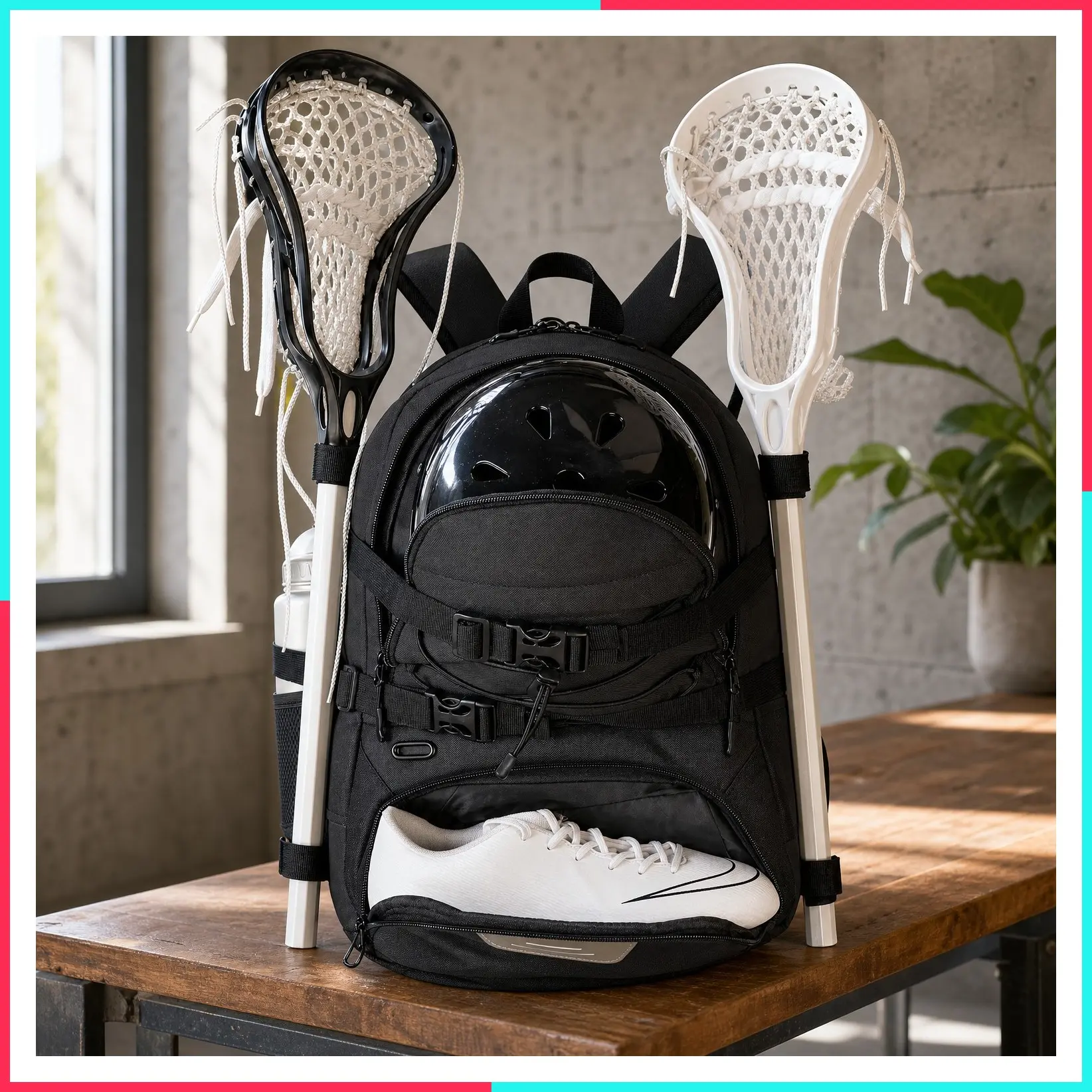 Lacrosse Bag with Two Stick Holders, Field Hockey Bag with Separate Shoe Compartment and External Buckle Straps to Secure Helmet and Other Equipment