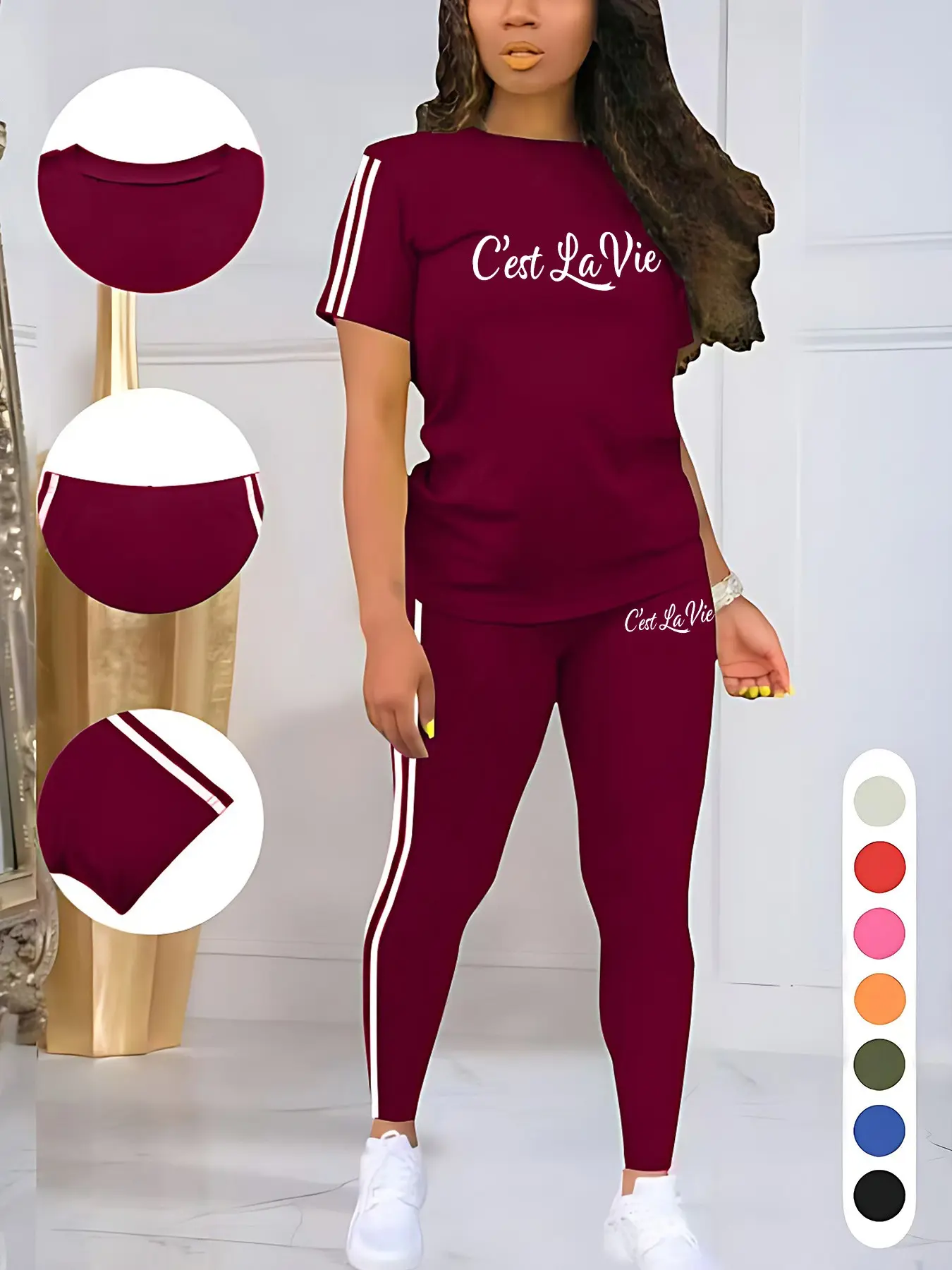 Women's Casual Letter Print Sporty Round Neck Short Sleeve and Long Pants Set, Casual Sports Style, Fitted Style, Plants Pattern, Two-Piece, Athleisure Summer Clothes, Athleisure Outfits