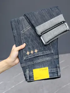 Vintage Men's Slim Straight Leg Jeans, Rhombus Embroidery with Metal Decor, High Elastic Comfortable Fabric, Roll-Up Hem, Casual Office Wear
