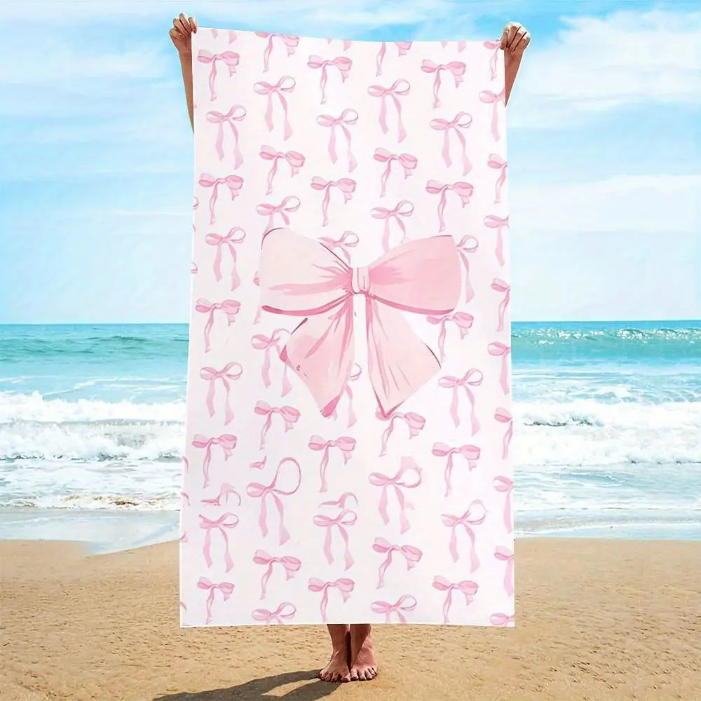 Glam Quick-Dry Microfiber Beach Towel - Pink Balletcore Ribbon Bow Coquette Pattern, Sand-Free Lightweight Large Bath Towel for Women, Summer Beach Pool Party Gift