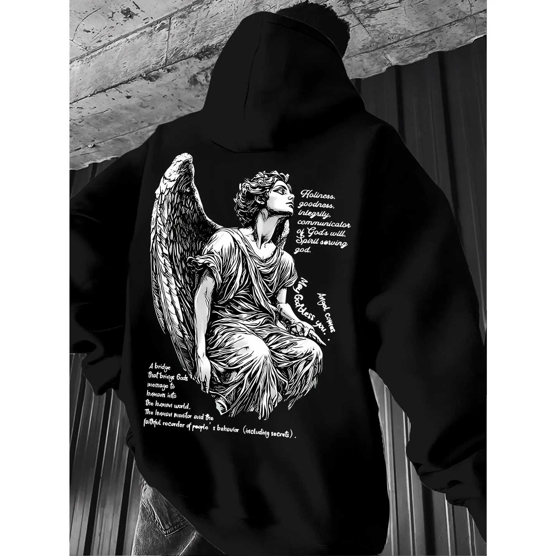 Men's fashionable retro street style hooded sweatshirt with angel print, long-sleeved pullover, slightly stretchy, knitted polyester fabric, regular men's hoodie.