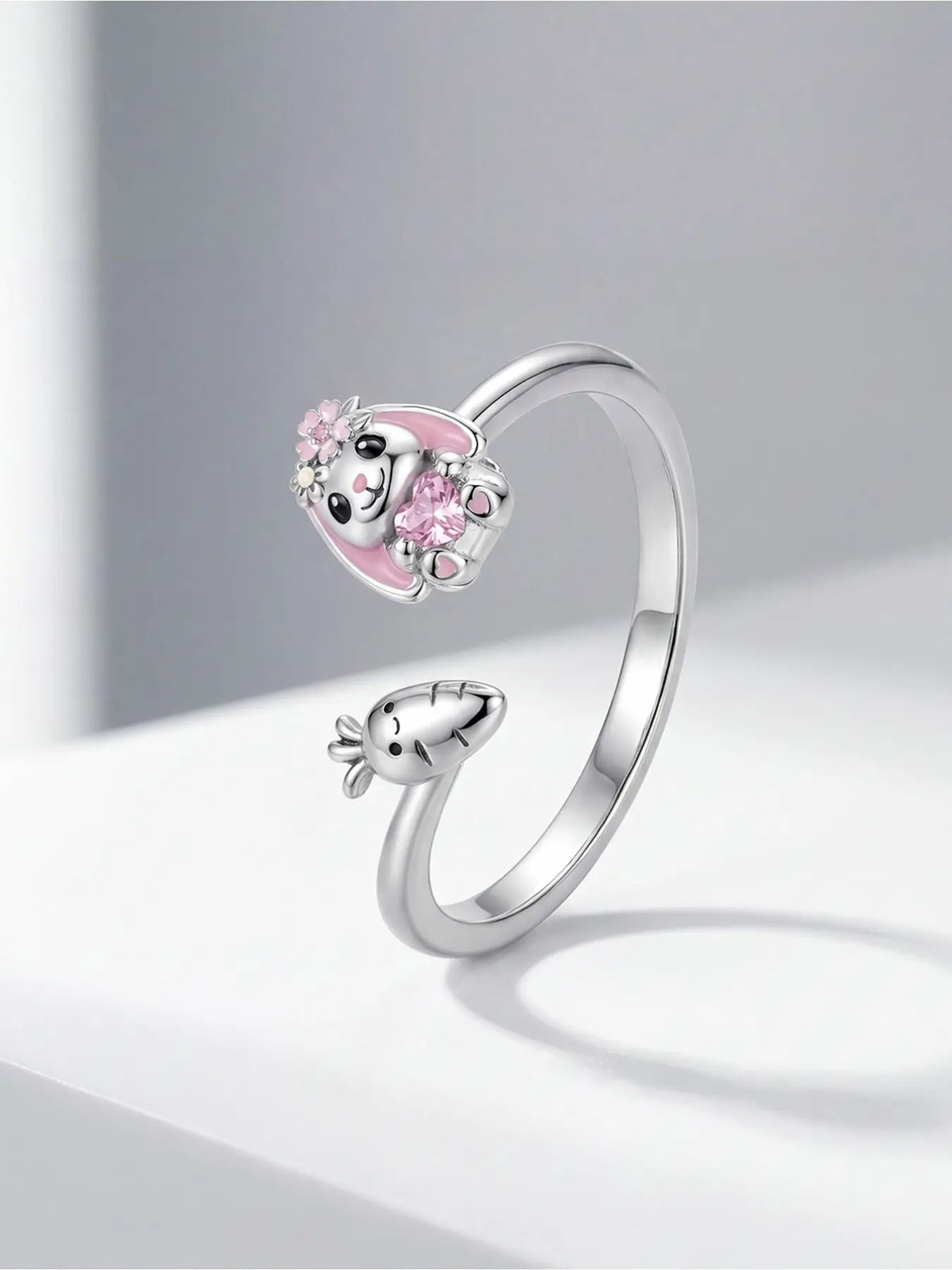 Kawaii Rabbit with Heart & Carrot Ring for Her, Silver Plated, Adorable Statement Jewelry