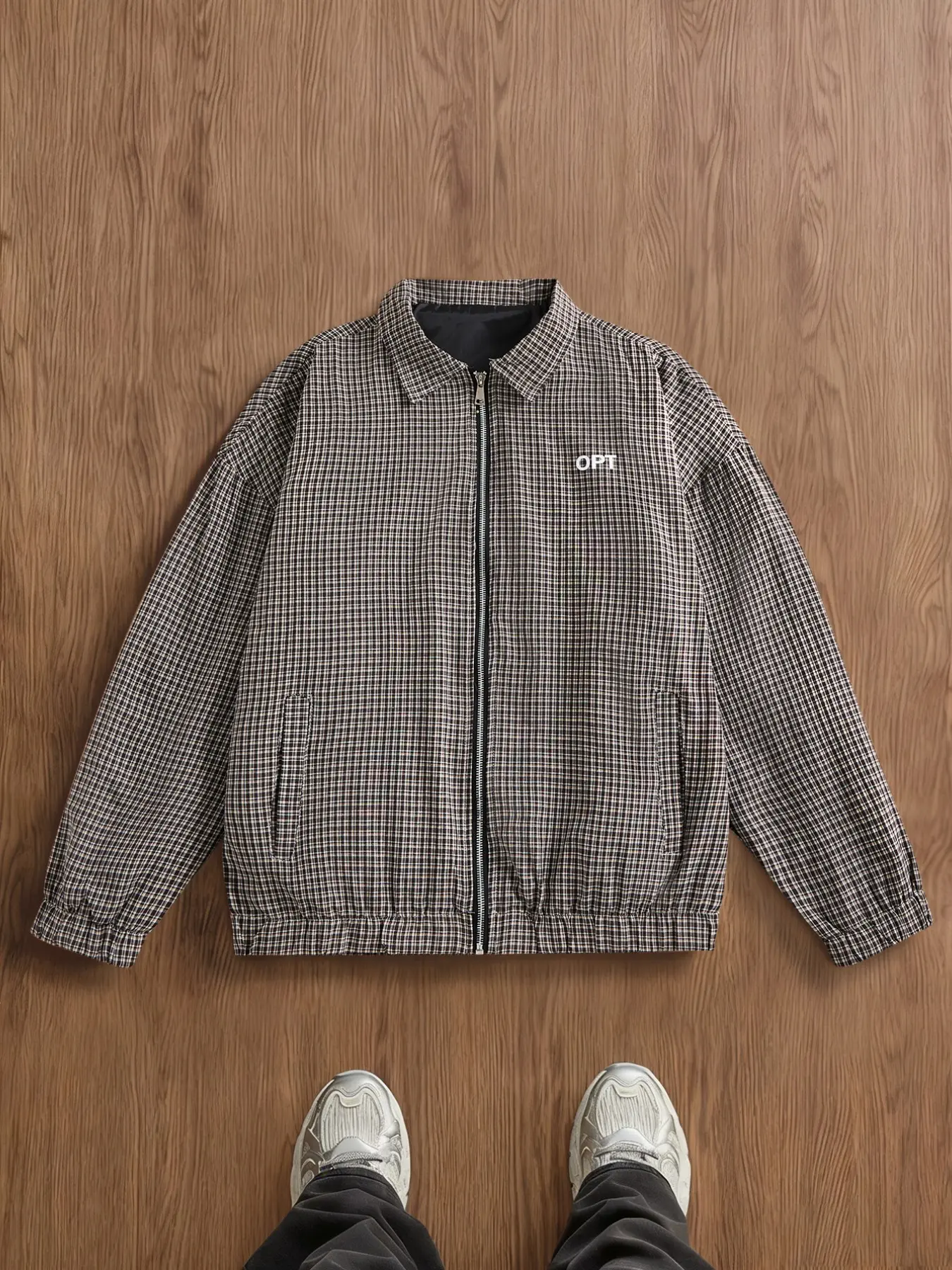 Men's retro fine grid woven fabric lapel Harrington jacket front zipper placket OPT letter casual jacket elastic cuffs hem slanted pocket lightweight windproof daily street outerwear