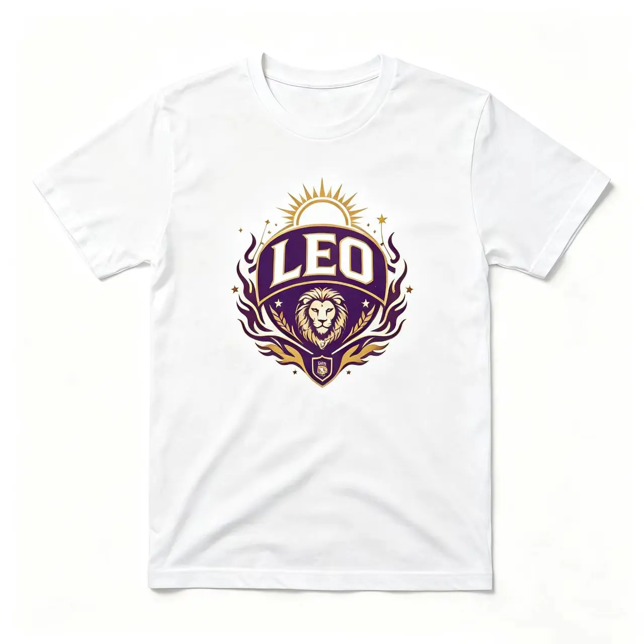 Royal Leo Zodiac Graphic Tee – Majestic Lion Head Crest with Purple & Gold Flames, Regal Astrology Cotton Shirt, SummerVibes Ideal Gift For August Birthdays, Best Bold Statement Outfit, Detailed Emblem Print Top Unisex