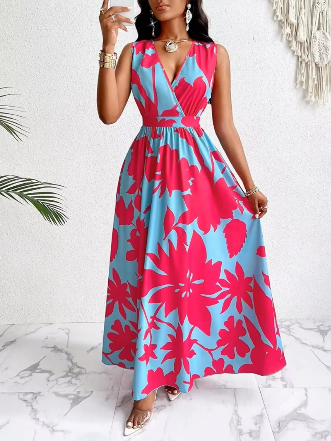 Women's Abstract Print Boho Pattern Floral Long Dress, Bohemian Print Dress, Boho Fashion Sundress, Casual Sleeveless V-Neck Waist-Tied Plus Size Dress, Summer Vacation Style, 1 Piece Set