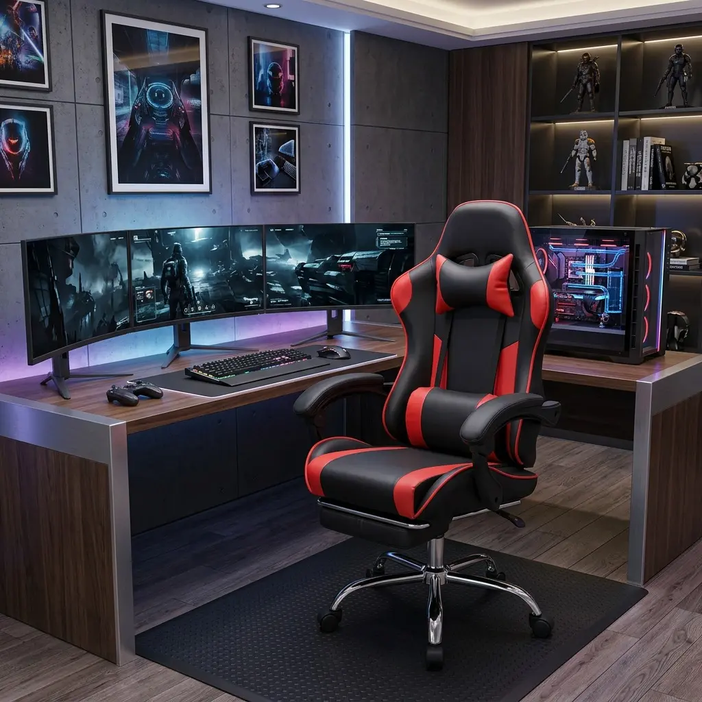 Red PU Leather Ergonomic Gaming Chair, 90°-150° Reclining Racing Computer Desk Chair with Spring Cushion Slidable Lumbar Pillow Detachable Headrest Fixed Armrest Height Adjustable 360° Swivel Silent Rolling Wheels 275LBS Capacity Game Chair for Home Gamin