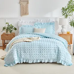 Tufted Dots Ruffle Comforter Set  Size, 3 count Blue   Shabby Chic Comforters, Jacquard Boho Bohemian Bedding Set for  (1 Ruffled Comforter+ 2 Pillow Shams)