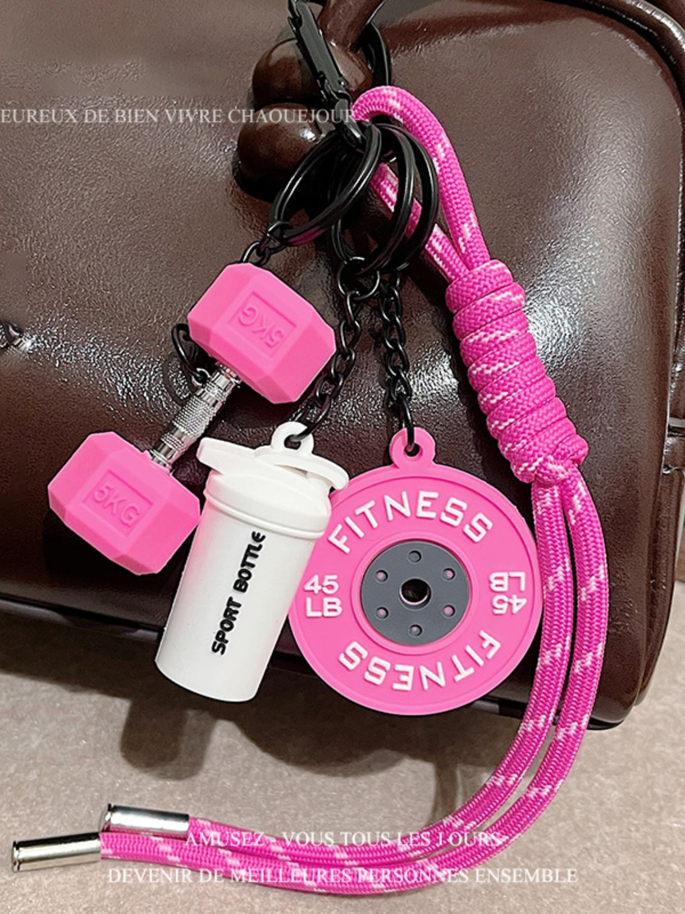 Fitness Gym Keychain, Barbell & Dumbbell Pendant Lanyard Keyring with Woven White and Pink Rope, Bag/Purse Charm and Weightlifting Themed Jewelry Accessory