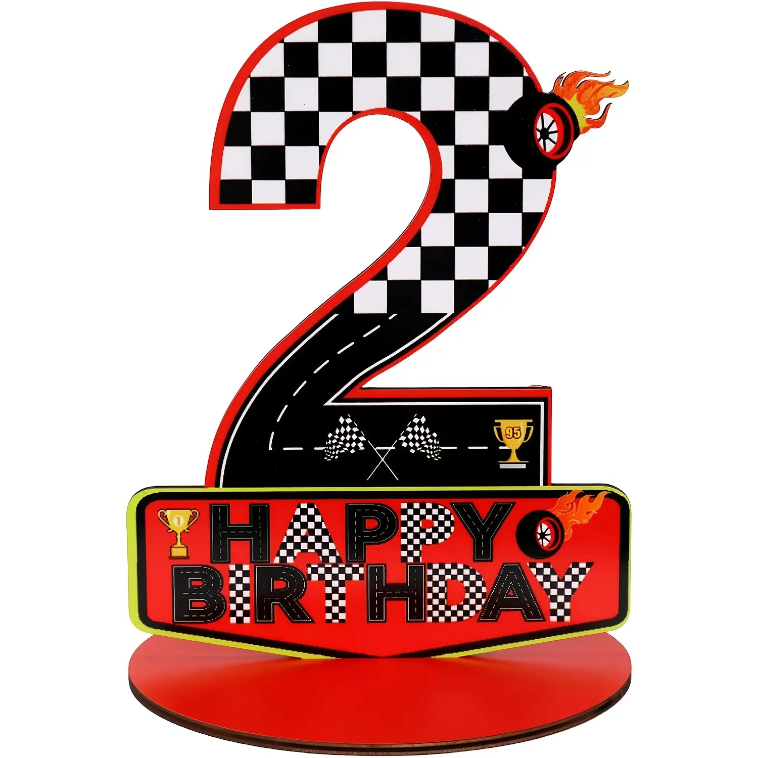 Race Car Checkered Flag Number 2 3 4 5 Birthday Tabletop Decorative Sign, Racing Theme Happy Birthday Centerpiece Decor, Toddler Boys 2nd 3rd 4th 5th Birthday Party Table Ornament Racing Party Supplies