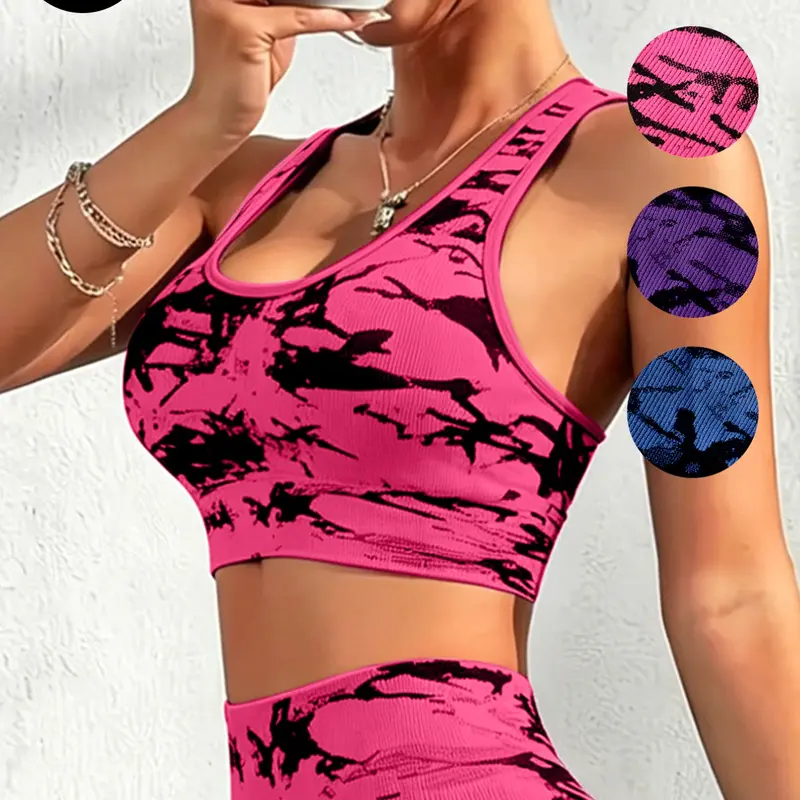 Tie Dye Halter Top, Wide Strap Seamless Bra, No Underwire, Padded Comfortable Yoga Bra, Fitness Sports Bra, All Seasons Casual Wear, Stretch Sports Bra, Sportswear Bra