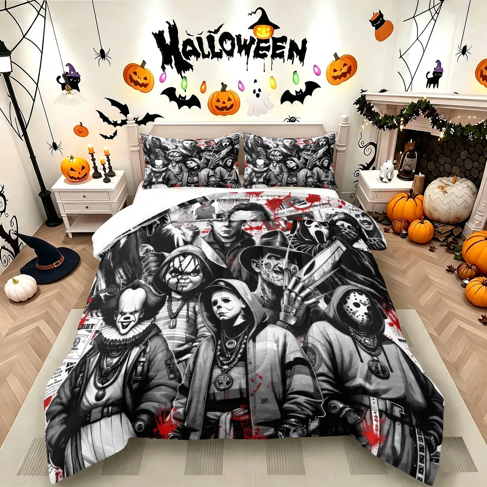 Dark Halloween Horror Villain Collage Comforter Set (1 Quilt + 1‑2 Coreless Pillowcases), Soft Comfy Durable Washable, All Season Microfiber Bedding, Spooky Gothic Character Decor Bed Set, Ideal Gift for Horror Art Lovers