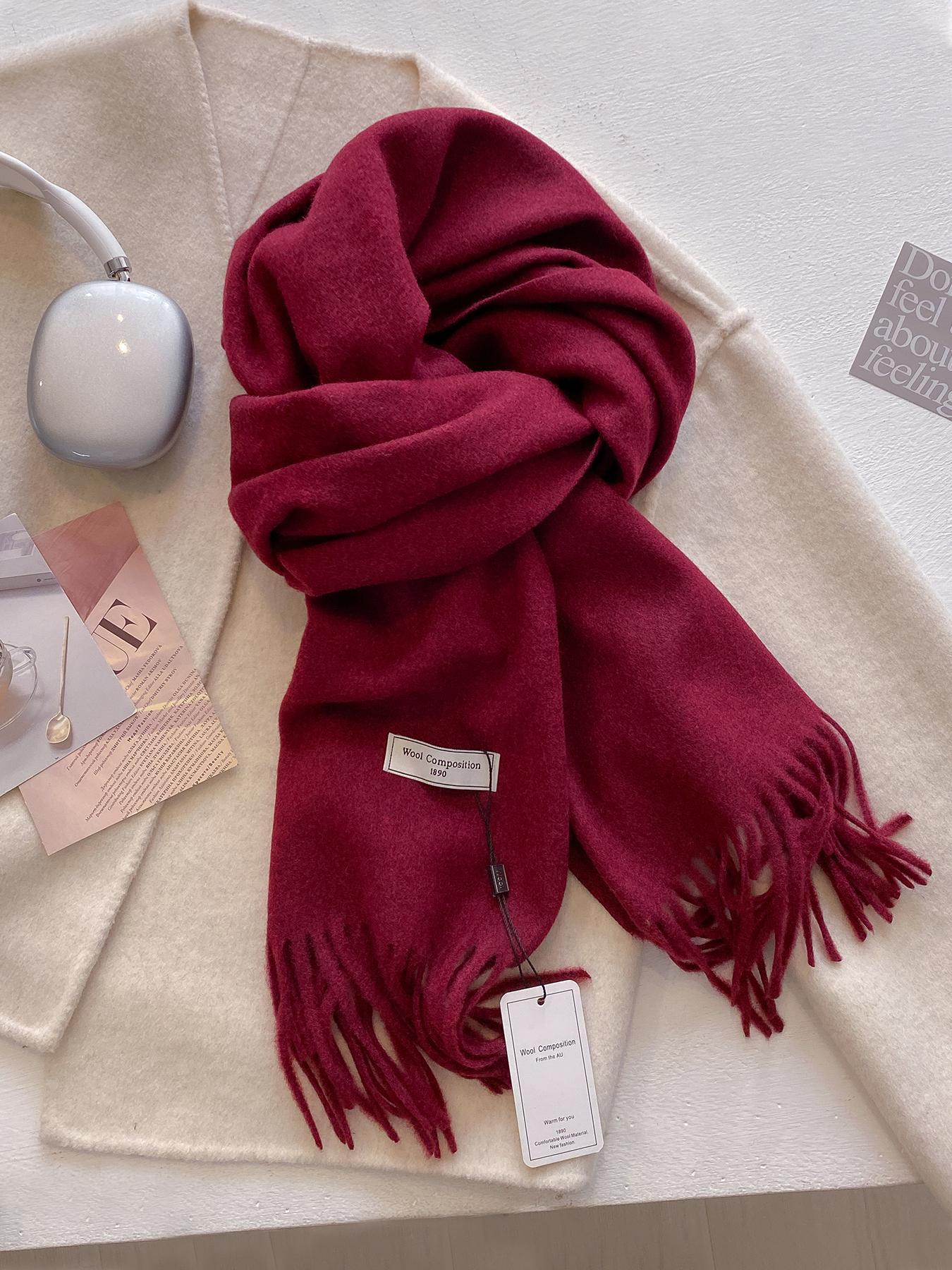 Women's Solid Color Tassel Decor Scarf, Casual Soft Warm Shawl for Fall & Winter, Fashion Accessories for Daily Wear, Fluffy Soft Scarf