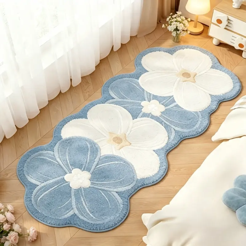Fresh blue and white flowers living room strip special-shaped carpet cream style bedroom bedside carpet ins style balcony decoration non-slip floor mat modern simple cloakroom leisure area carpet floral shape entrance washable carpet Flower Pattern Rugs