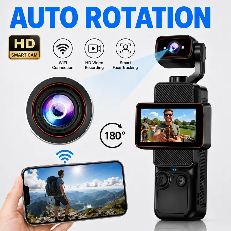 Portable HD Gimbal Camera, Handheld Vlog Camera with Auto Rotating Lens, WiFi Connection, 6X Zoom, Stabilized Video Recording and Rechargeable Design for Camping, Trips and Content Creation
