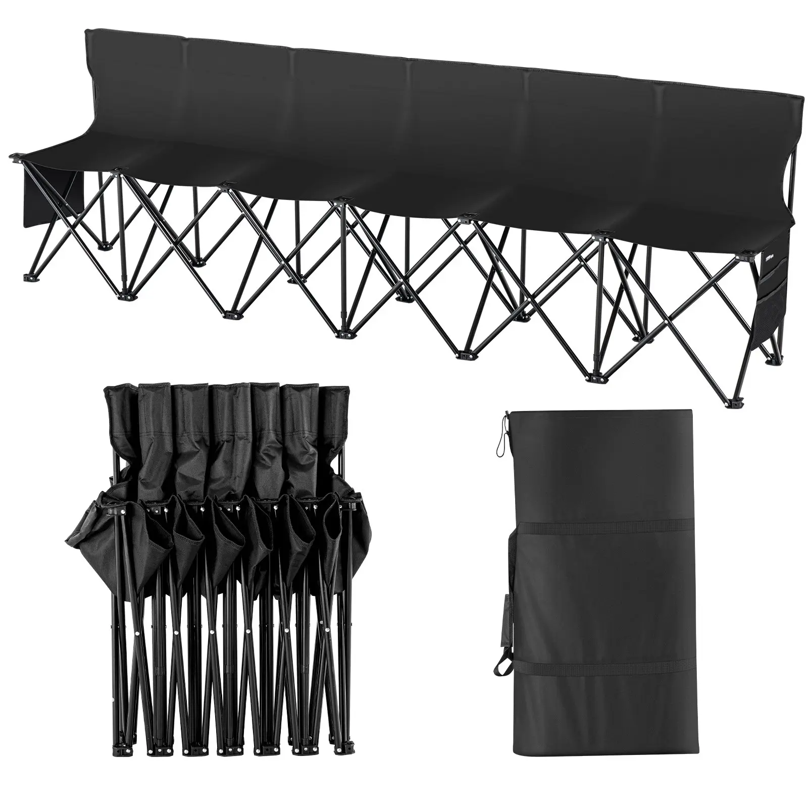 VEVOR Portable Folding Bench, 6 Seat Foldable Soccer Bench with Side Pockets and Carrying Bag, Lightweight Sideline Seating with Back Rest for Football, Baseball, Camping, Outdoor Events, Black