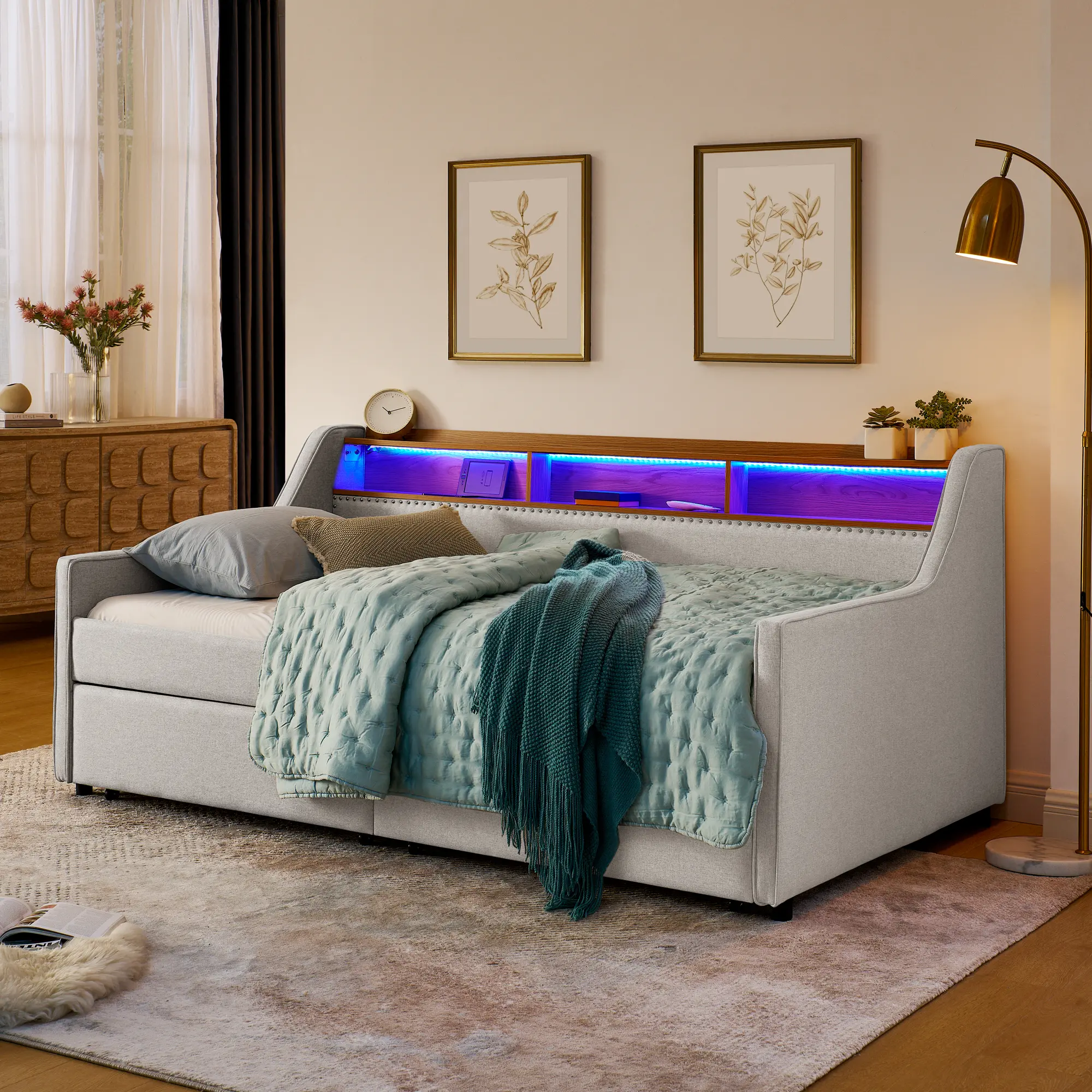 Beige ARCH Twin Size Linen-Padded Upholstery Sofa Bed - 3 LED Lights, Adjustable Headboard, 2 Pull-Out Drawers, Storage, Wireless Charging, Multi-Functional Sleeper Couch for Living Room, Apartment Furniture, Indoor Bedroom Guest Room Furniture, Furniture