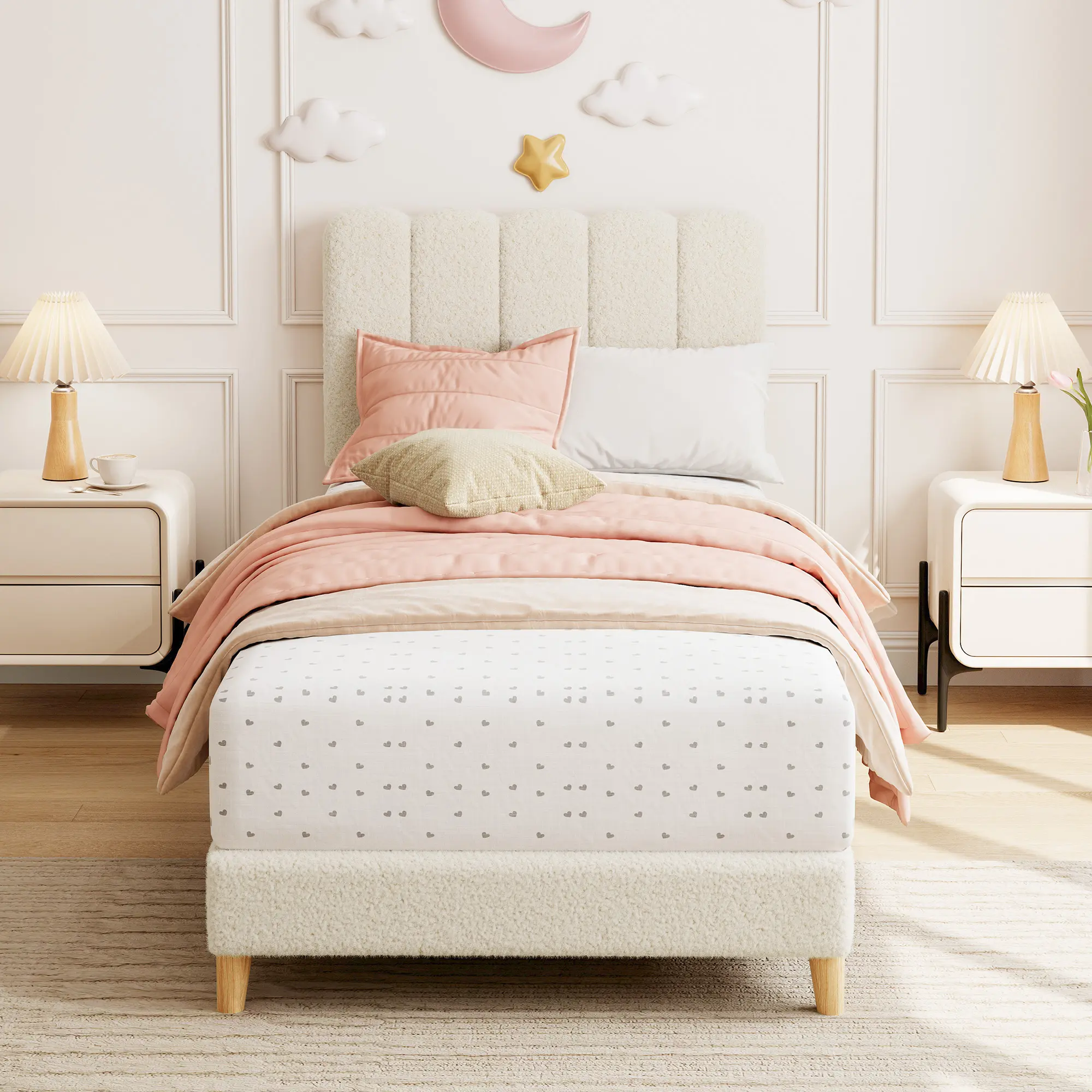 Stylish Twin Platform Bed for Girls/Kids – Velvet or Boucle Upholstery – Wave or Crystal Diamond Headboard – Sturdy Wooden Slats – Easy Assembly – Pink or White