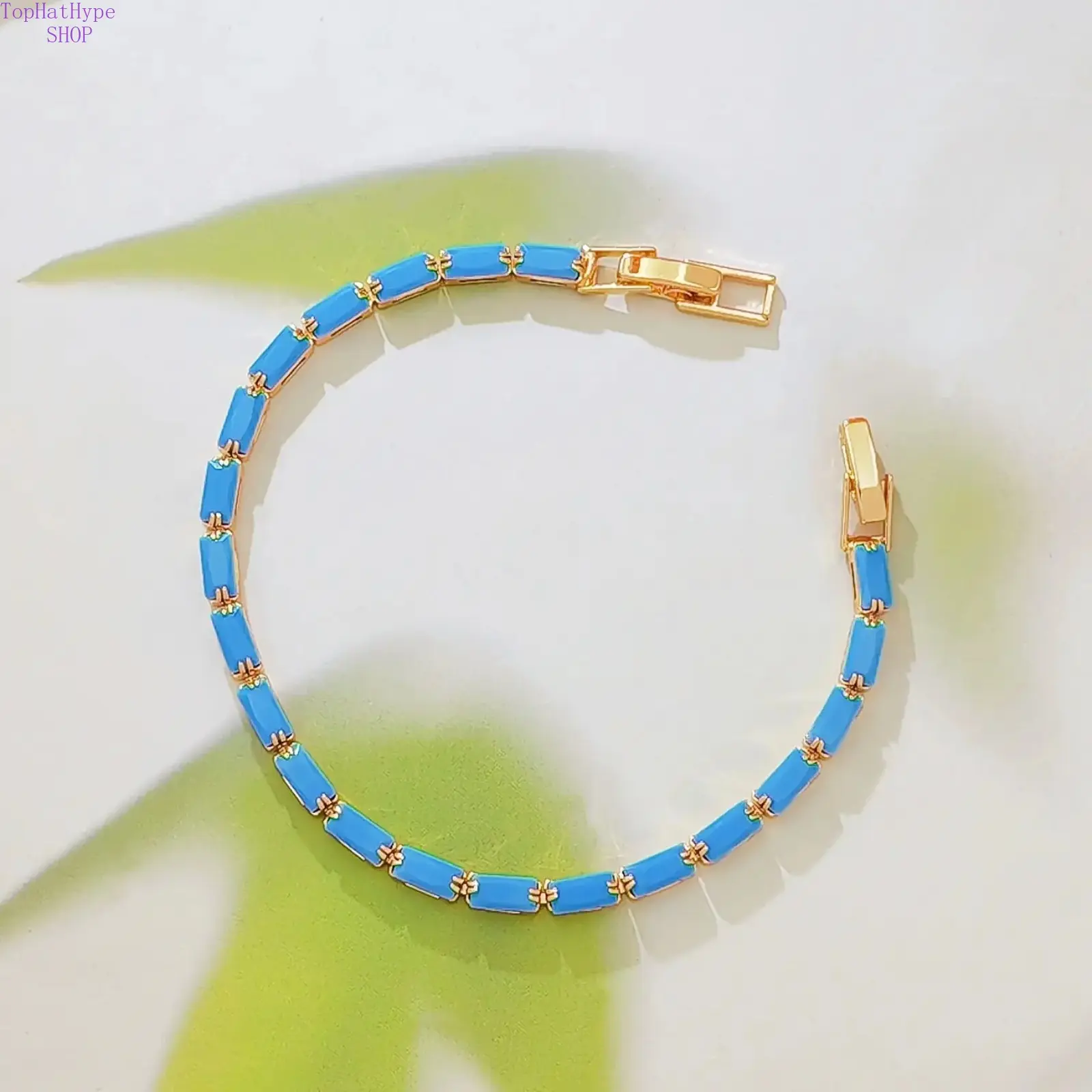 14K Gold Plated Turquoise Blue Enamel Rectangle Link Bracelet for Women, Dainty Thin Paperclip Chain Bracelet, Minimalist Stackable Fashion Jewelry Gift for Daily Wear Birthday