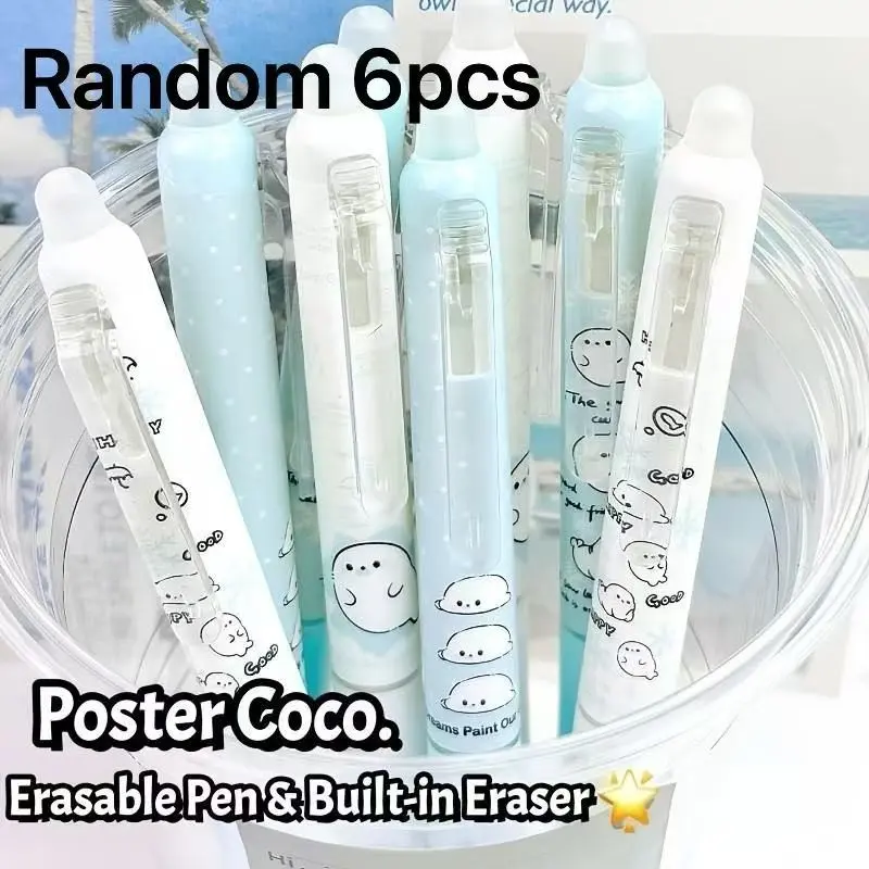 6pcs Cute Seal Erasable Pens, Crystal Blue Ink 0.5mm St Tip, Perfect Christmas Gift, Valentine's Day Gift, Back-To-School Gift, Holiday Gift Pen, Office Supplies