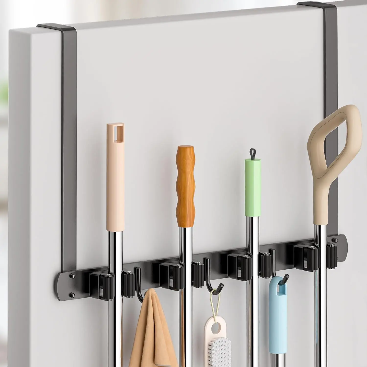 Broom Holder Over The Door - 304 Stainless Steel Mop and Broom Holder Wall Mounted or Hanging Over The Door with Hooks - Broom Hanger, Broom Storage Tool Organizer for Garage Closet Laundry