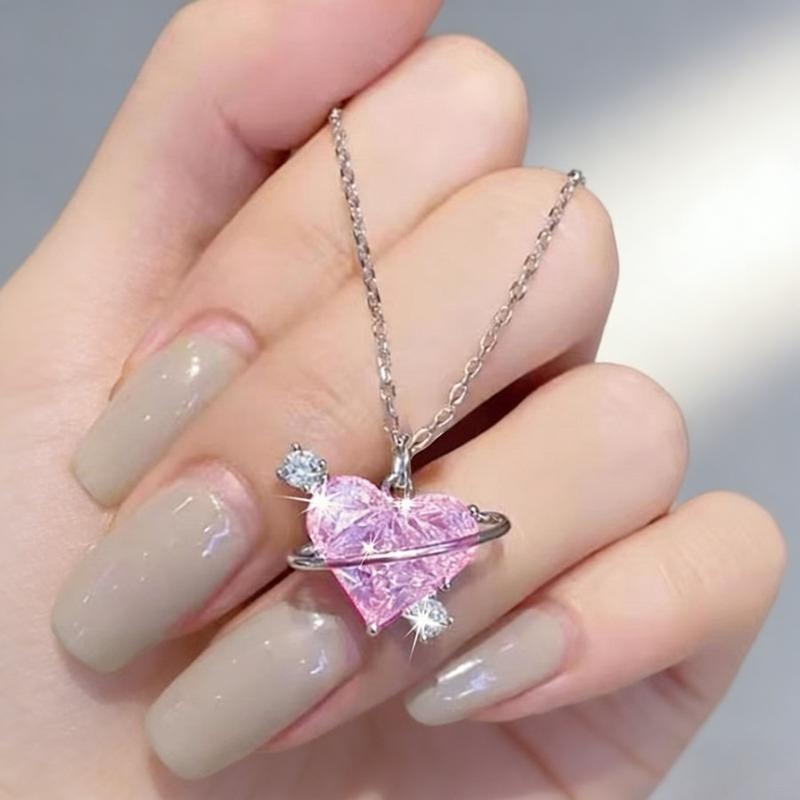 1pc Stainless Steel Heart Pendant Necklace with Shiny Pink Zirconia - Perfect for Couples Weddings Valentines Day & Holiday Gifts