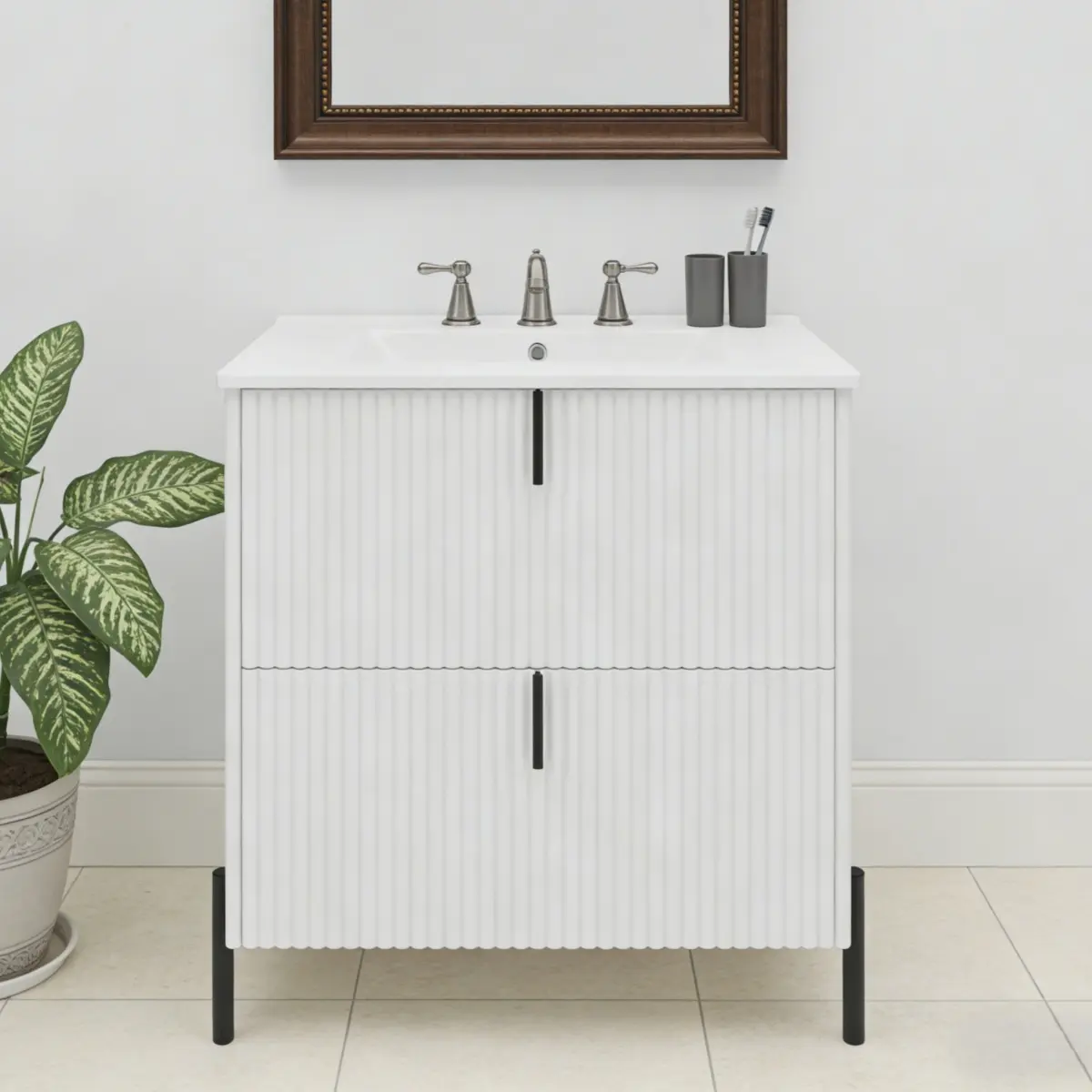 AobtkelChristopher Knight Home® 30" Bathroom Vanity with Ceramic Sink, Equipped with Vertical Pulls and Full-Extension Drawers, Freestanding Bathroom Vanity with Soft Close Drawer Slides, Fluted Design, White    RR