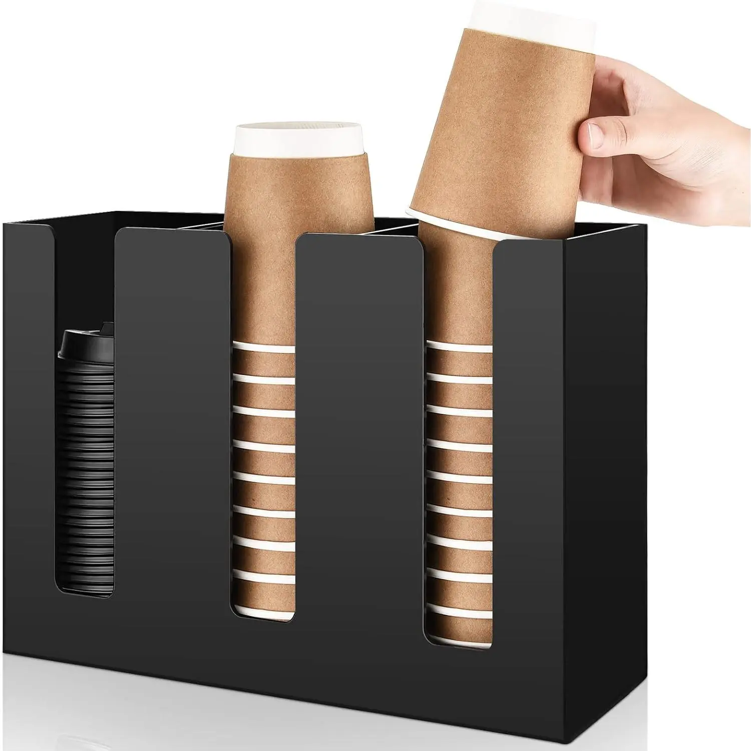 3 Compartments  Coffee Cup and Lid Dispenser Organizer Disposable Paper Cup Holder Plastic Coffee Shop Supplies Holder Storage for Station Restaurant Kitchen Countertop Bar Party(Black)