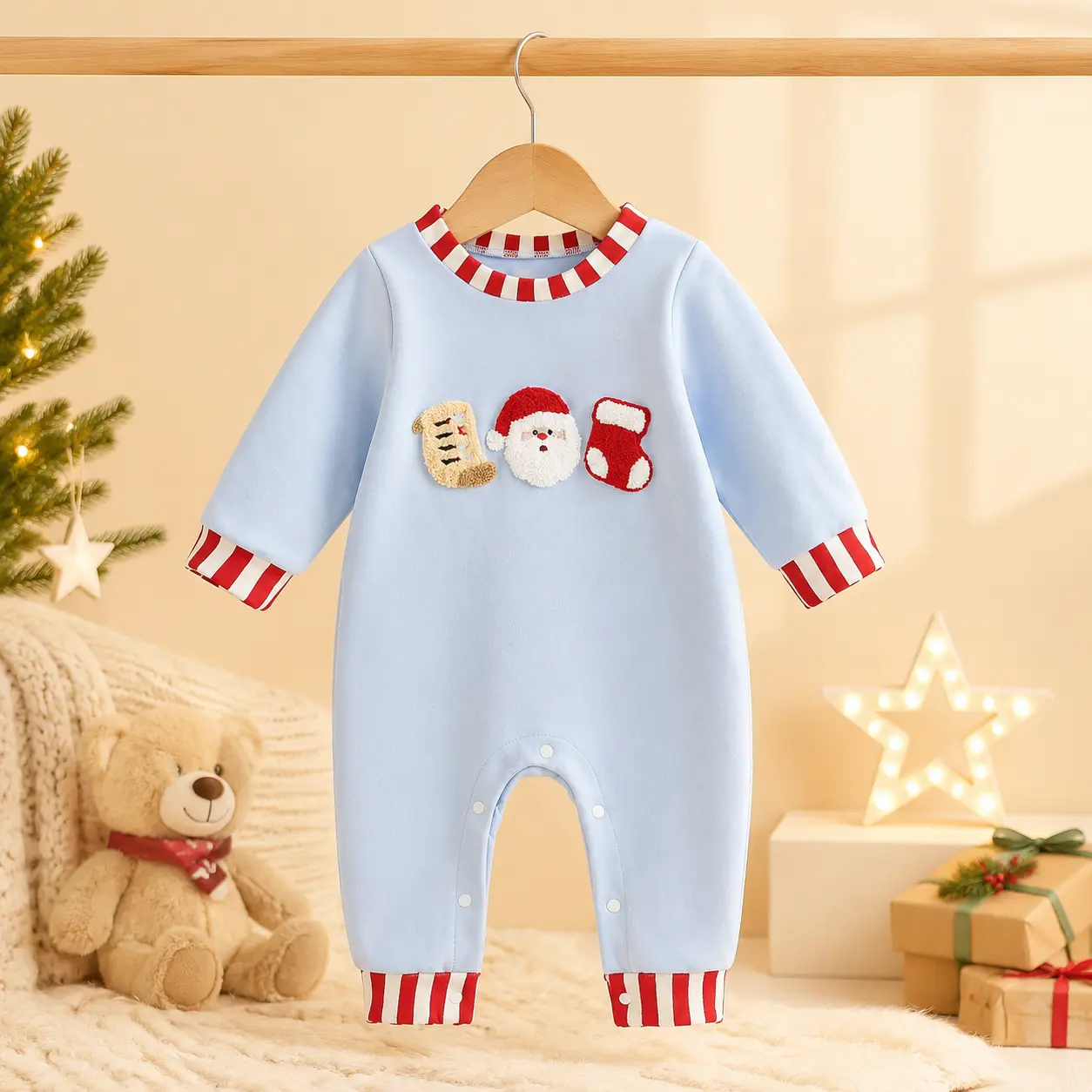 Infant Christmas Romper Long Sleeve Striped Cuff Onesie Santa Cookie Stocking Chenille Applique Snap Bottom Baby Toddler Xmas Holiday Family Matching Bodysuit Outfit