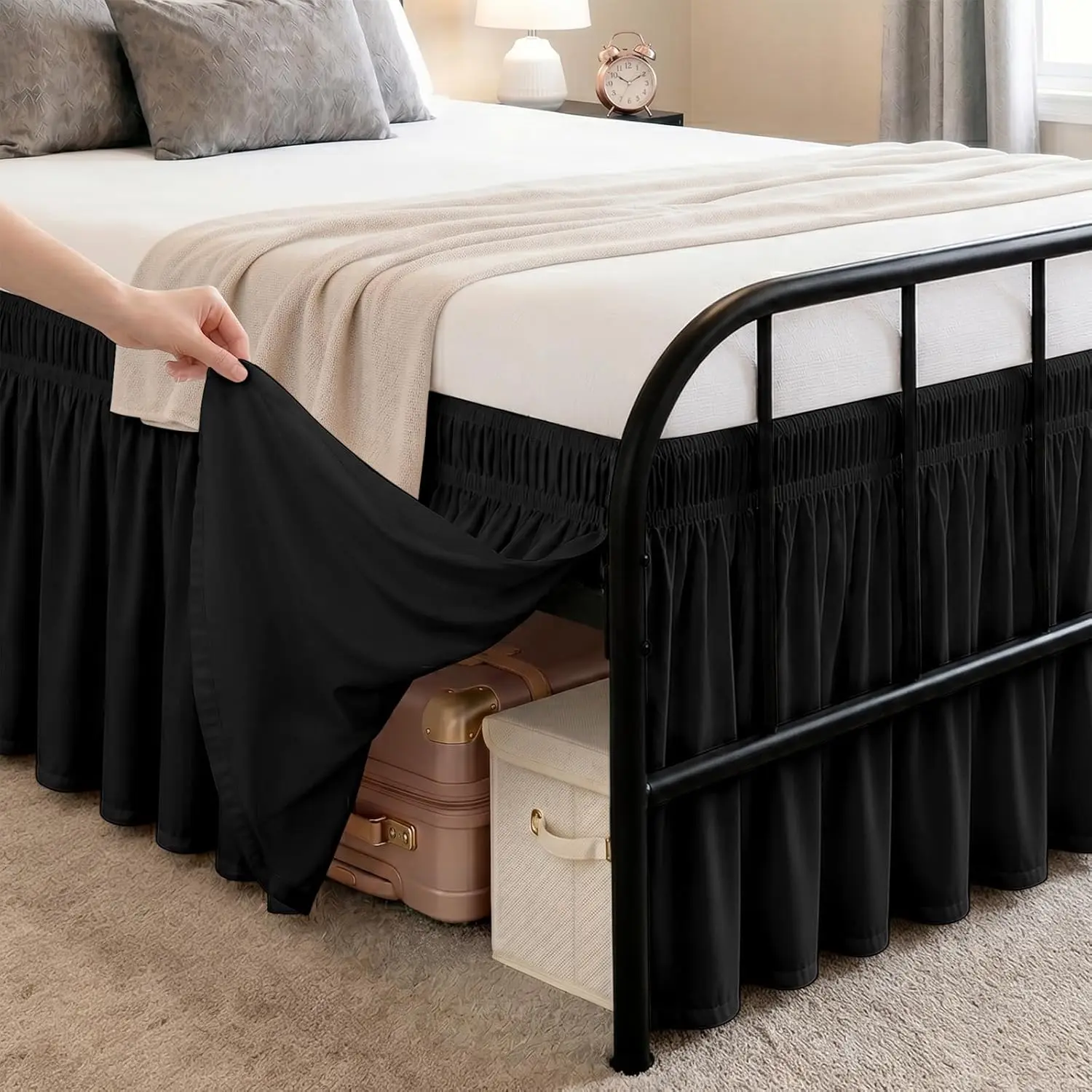 Black Bed Skirts with Split Corners Queen Size 18 Inch Drop,Elastic Bed Skirting Wrap Around, Easy to Install Dust Ruffles Soft,Machine Washable bedskirts for Frame