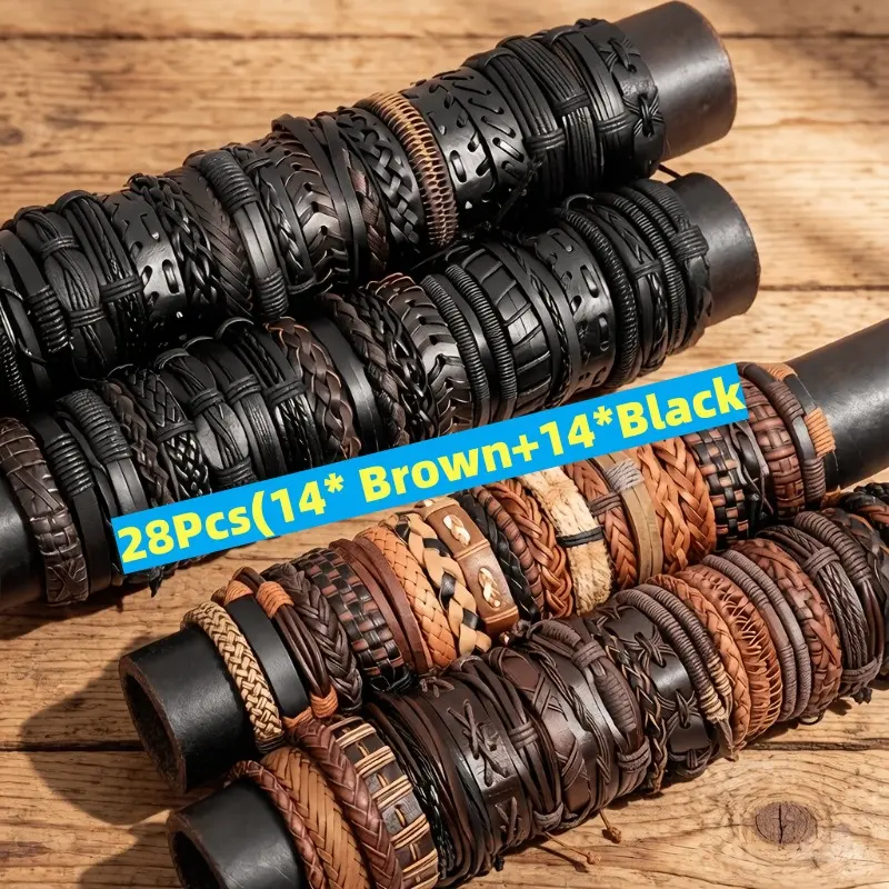 28 Pcs Men's Bracelets Set, Vintage Multilayer Braided PU Leather Wristbands, All-Season Adjustable Jewelry for Casual Biker Wear, Braid Pattern, Adjustable Size
