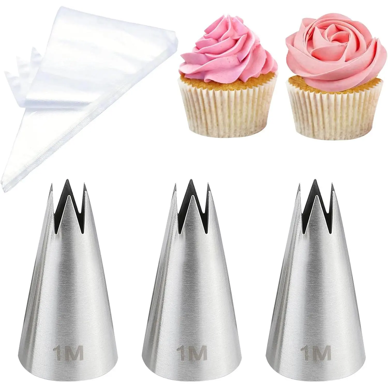 Large 1M Open  Stainless Steel Piping Tips, 3 count | 20 Disposable Piping Bags, For Cake Decorating, Cupcakes Icing and Frosting