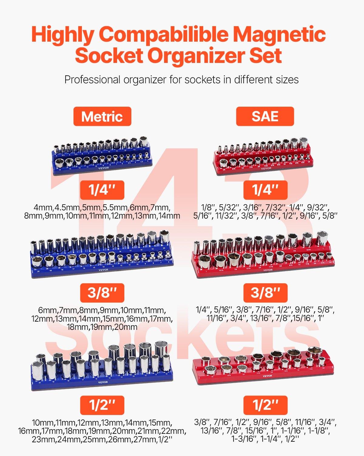 VEVOR Magnetic Socket Organizer Set, 6PCS Socket Holder, 1/4'', 3/8'' & 1/2'' Metric SAE Socket Trays with Clear Labels, Hold up to 143PCS Standard & Deep Sockets, Blue & Red (Sockets Not Included)