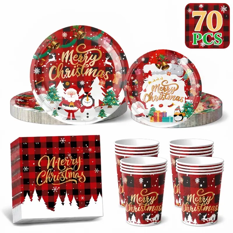 70pcs Cartoon Santa Disposable Tableware Set, Party Supplies, Christmas Snowman Theme, 20 Person Capacity, Ideal for Outdoor Events