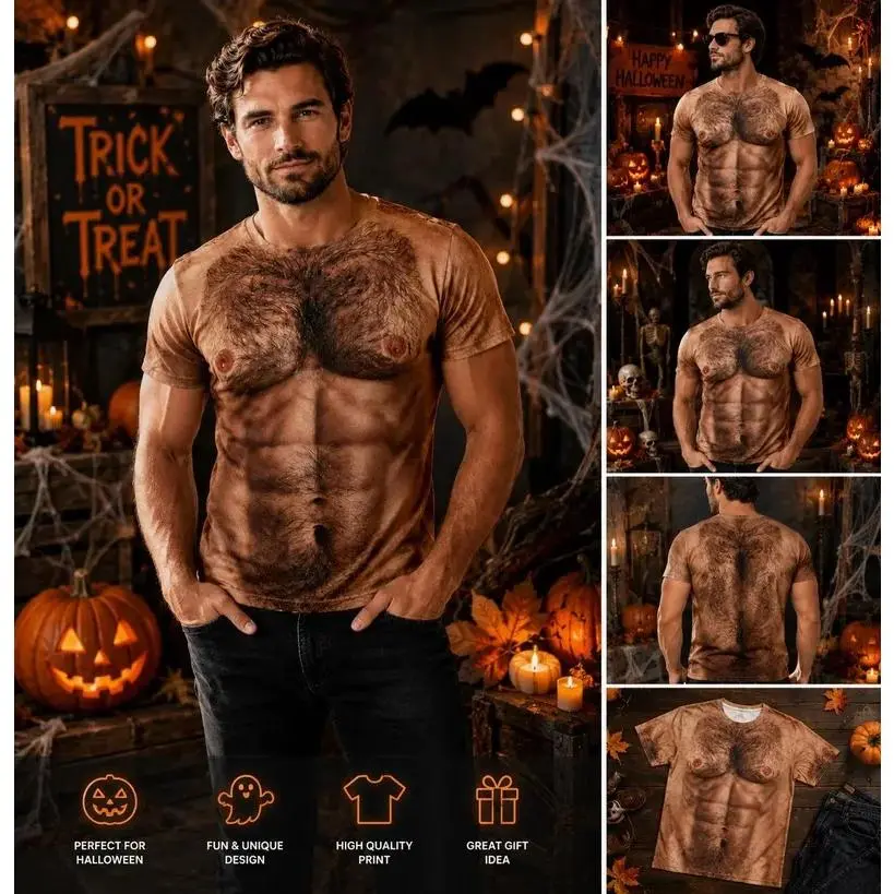 Funny Halloween Costume T-Shirt, Fake Chest Hair Muscle Tee, Novelty Party # TikTokMadeMeBuyIt # CoupleMatchingTees # 3DPrintShirt # BeachGagGift # FunnyNoveltyTops