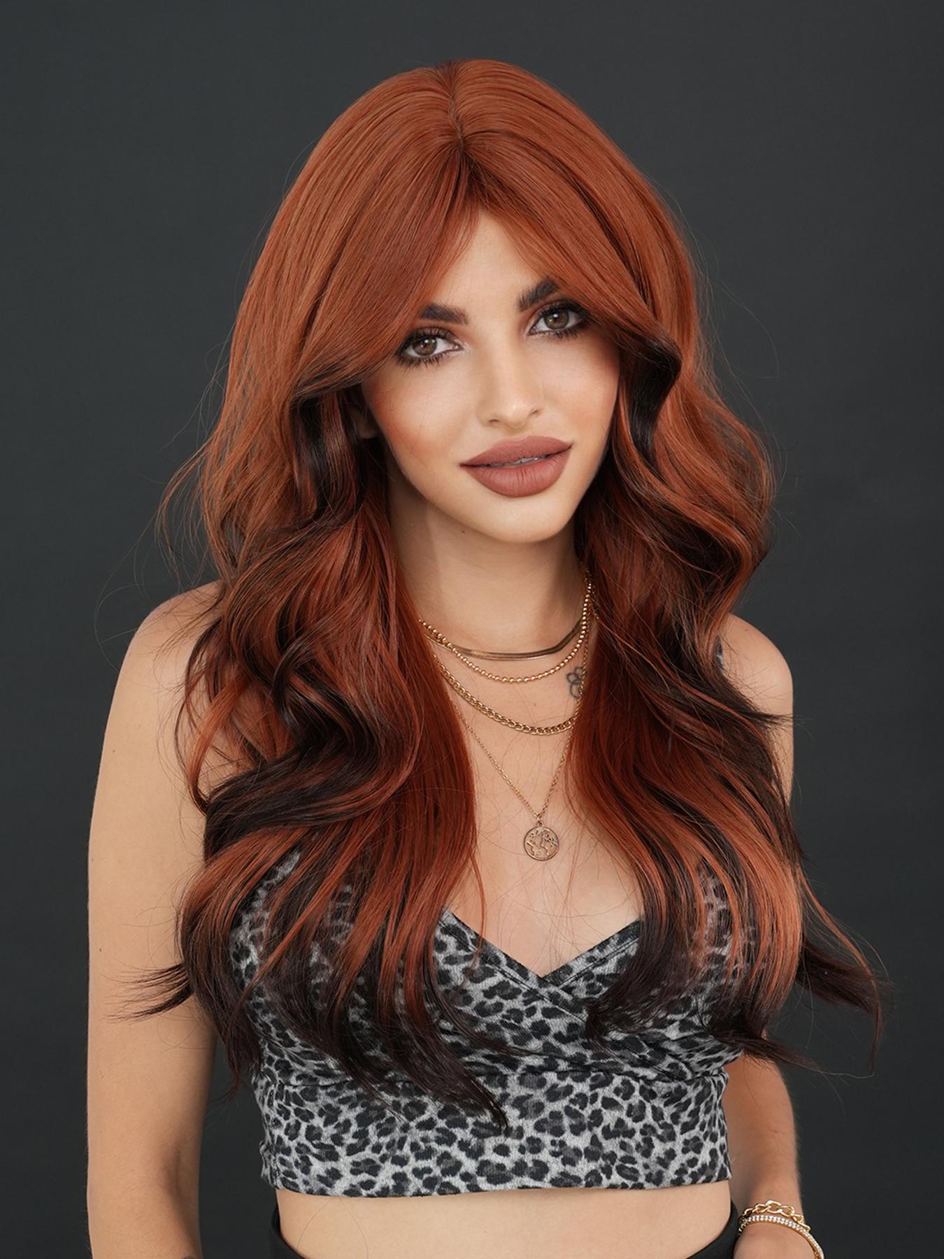 26 Inch Long Body Wavy Pre Styled Synthetic Hair Wig for Women, Natural Looking Fluffy Synthetic Fiber Wavy Texture Wig with Curtain Bangs, Full Machine Highlight Loose Wave Wig for Party, Daily Use, Highlight Brown Wig, Synthetic Wavy Hairstyle