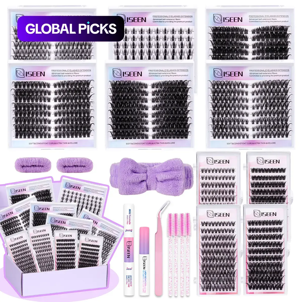 Eyelash Cluster Kit, D-Curl Fluffy Volume Lash Extensions, Dense & Long DIY Lash Set with Bond & Seal, Remover, Tweezers & Brush, Mixed Style Lashes, Multiple Lengths #GLOBAL PICKS