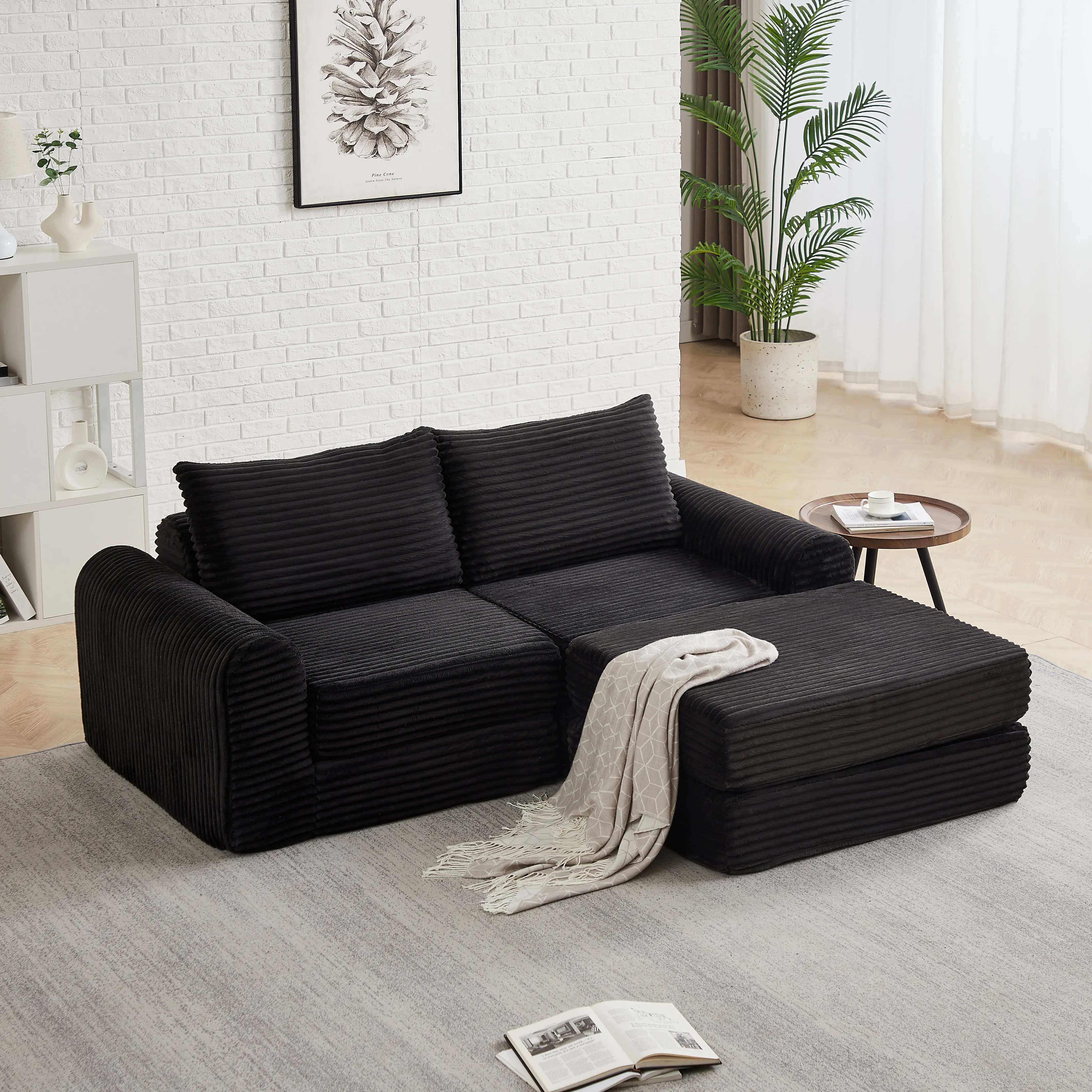 ARCH Modern Corduroy Sofa Bed 2-in-1 Sleeper with Curved Lines and Sloped Backrest, Black Convertible Couch with Two Throw Pillows, Foam+Spring Construction, Living Room Guest Room Apartment Furniture, Single Box Product, Black Color Options