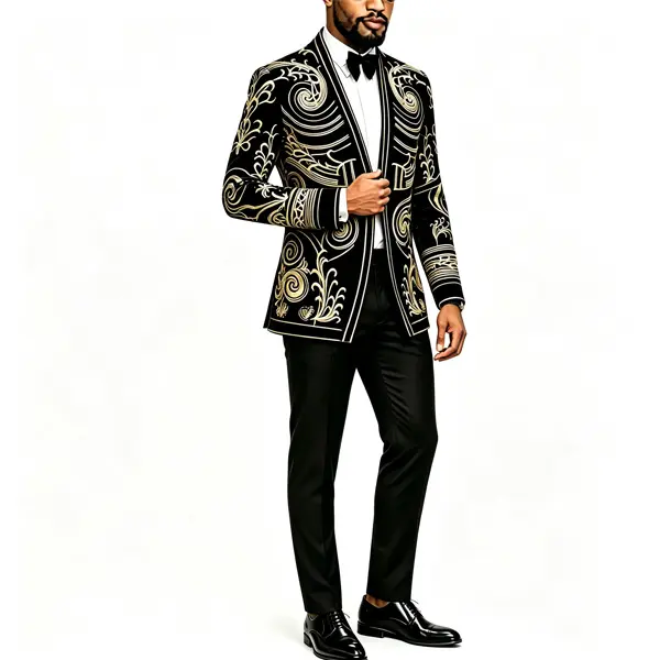 Menswear Slim-Fitting Men's Black Velvet Open-Front Peak Lapel Tuxedo Jacket with Baroque Gold Swirl Embroidery, Formal Blazer for Wedding Groom, Prom, Fitted, Evening Wear, Watch Party