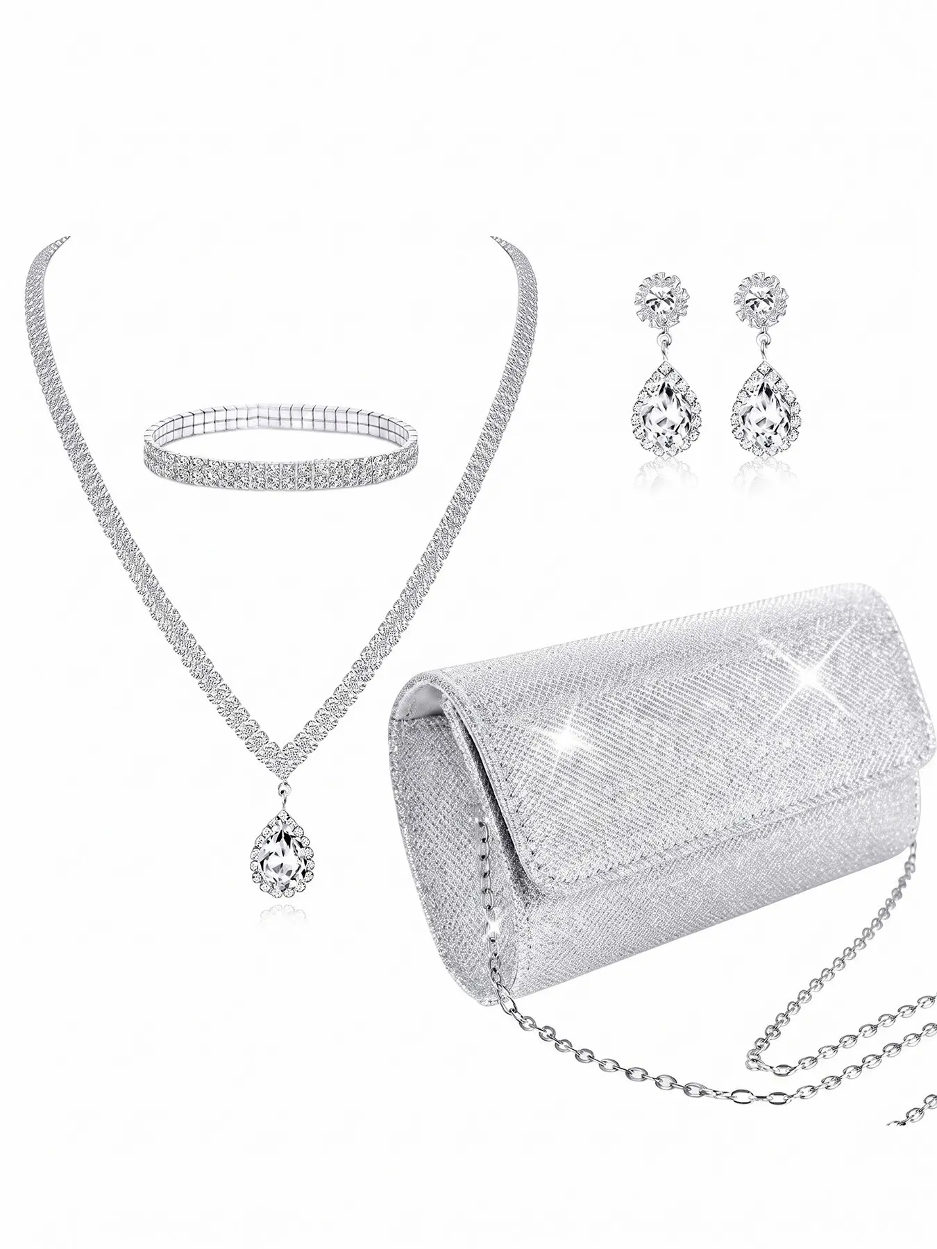 4Pcs Silver Glitter Envelope Clutch Bag Jewelry Set for Women, Teardrop Rhinestone Crystal Necklace Halo Drop Earrings Multi-Row Stretch Bracelet Purse Pack, Prom Wedding Bridal Evening Party Accessories