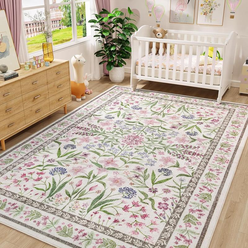 Amearea 8x10 Area Faux Cashmere Rugs for Living Room, Washable Area Rugs 8 x 10 Pink Floral Rug, Vintage Low Pile Cute Room Print Carpet, Non Slip Office Nursery Bedroom Dining Room Farmhouse Decor